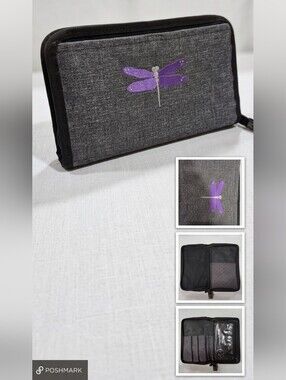 Thirty-One Travel Organizer Bag - Charcoal Gray with Purple Dragonfly